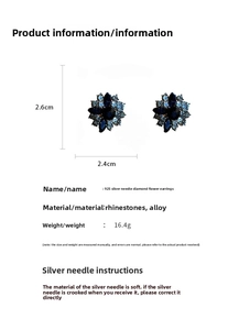 Detail view showing blue rhinestone flower earrings dimensions 2.6cm by 2.4cm with 925 silver needle