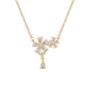 Titanium steel golden double flower necklace with sparkling zircon and teardrop pendant