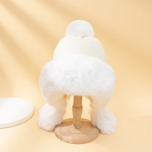 Bonnet Tricoté D'hiver Avec Cache-Oreilles Acrylique Et Fausse Fourrure Pompons Doublé Polaire Épaissi Chaud Style Doux Pour Femmes