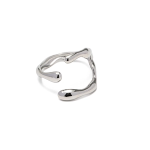 Detail of silver adjustable open ring featuring unique fluid liquid metal design texture