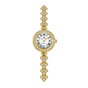 Luxury gold quartz watch for women with mother-of-pearl dial and diamond-encrusted chain strap