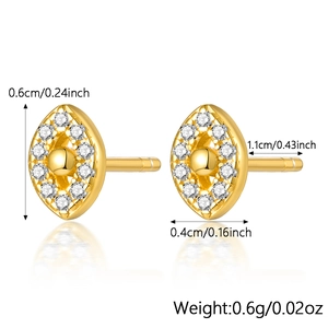 Detailed view of marquise-shaped gold stud earrings with crystal halo and dimensions