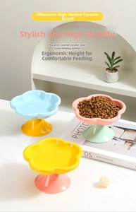 Detail of flower shaped ceramic cat bowl in macaron colors with elevated stand design
