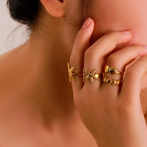Starfish Shell Ocean Theme Rings Stainless Steel 18K Gold Plated Open Adjustable Summer Beach Vacation Fashion Women