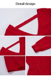 Détail du col en V, de la taille élastique et des poignets smockés de la robe rouge chic