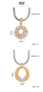 Detailed view of sunburst and oval pendants with size and weight measurement data
