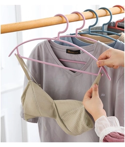 Close-up of non-slip wide shoulder plastic clothes hangers with side hooks in multi-colors