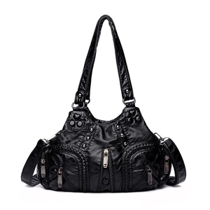 Retro black washed leather tote bag for women with silver rivets and heart buckle detail