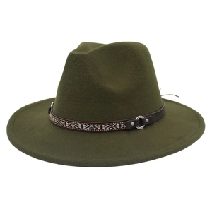 Detail of army green wide brim fedora hat with ethnic woven band and silver metal buckle