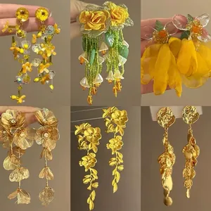 Floral Tassel Drop Earrings With 925 Sterling Silver Earring Post Alloy Fabric Petal Vintage Forest Style Elegant Jewelry