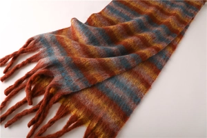 Close-up of the thick yarn texture and fringe tassels of the striped cashmere scarf