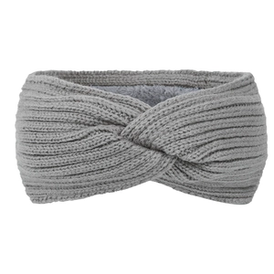 Close-up of grey knitted headband featuring warm fleece lining and cross-knot detail