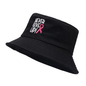 Black cotton bucket hat with NEVER GIVE UP embroidery and pink ribbon for sun protection