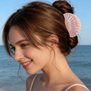 Outdoor close-up of a pink pearlescent shell hair claw clip styled on a beach vacation
