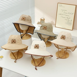 Kids quick-dry sun hat with cartoon capybara print and neck protection flap