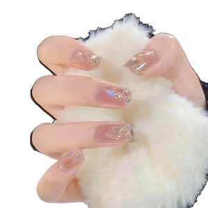 Short square nude pink press-on nails with laser glitter and sparkling sequins