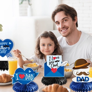 Father's Day honeycomb centerpieces featuring Happy Father's Day cards on a breakfast table