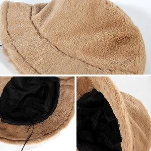 Winter faux rabbit fur bucket hat in light brown with warm plush texture and black lining