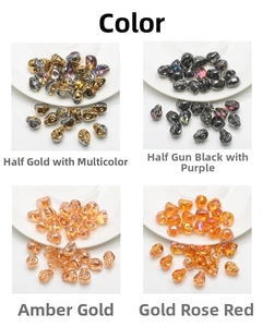 Close-up of skull-shaped crystal beads in gold, black, amber, and rose finishes