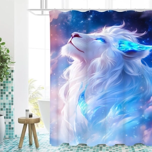 Detail of waterproof bathroom curtain featuring high-precision fantasy white lion and starry sky