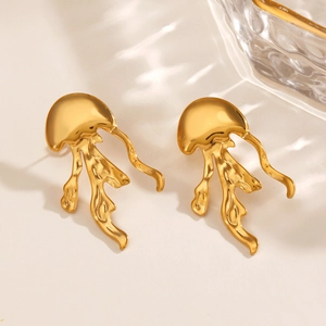 Golden stainless steel jellyfish stud earrings with elegant fluid design for beach style