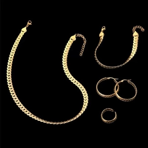 Golden stainless steel jewelry set featuring flat snake chain necklace, bracelet, and earrings