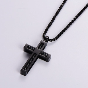Industrial black stainless steel cross necklace with a unique spiral spring inner structure
