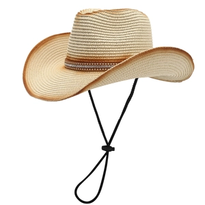 Classic straw cowboy hat with rhinestone leather band and adjustable chin strap