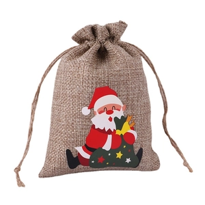Christmas burlap drawstring gift bag with red Santa print and durable twin drawstrings