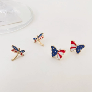 Golden American flag style butterfly and dragonfly stud earrings with colorful enamel finish