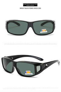 Polarized sunglasses with glossy black frame and green lenses featuring side windows