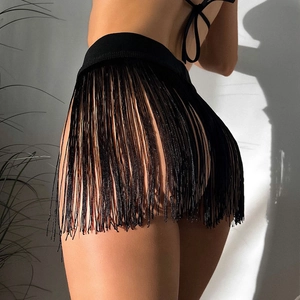 Sexy black fringe sarong wrap skirt for beach parties and summer bikini swimwear cover-ups