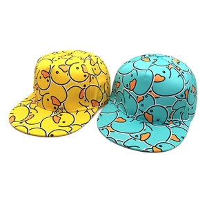 Flat brim baseball caps with yellow and teal cartoon duck prints for hip-hop style