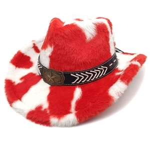 Western cowboy hat with red and white cow print texture and bronze star buckle