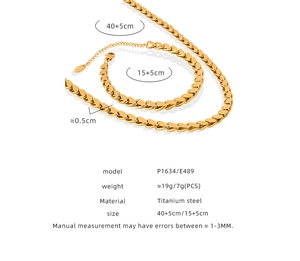 Gold titanium steel jewelry set with dimensions for necklace and bracelet pieces