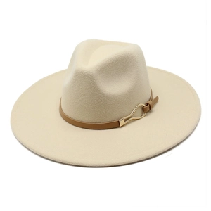 Classic wide brim wool felt fedora hat in cream with brown leather buckle band