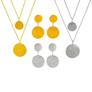 18K Gold Plated Stainless Steel Necklace And Earrings Hammered Round Disc Pendant Double Layer Style For Women