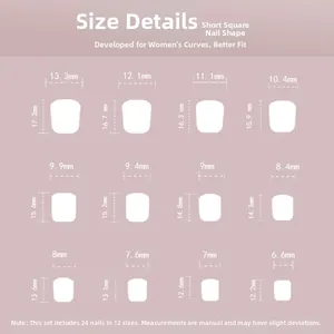 Size chart detail for short square press on nails showing 24 pieces in 12 unique dimensions