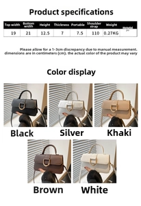 Size chart showing PU leather crossbody bag dimensions and colors like black and silver