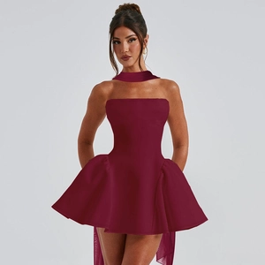 Detail of burgundy strapless A-line mini dress with matching choker and flared hemline