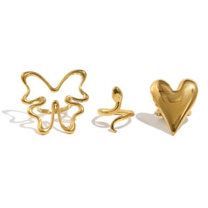 Three-piece set of 18K gold plated rings with butterfly, snake and heart designs