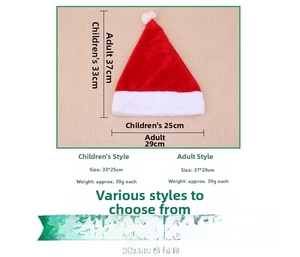 Size chart for plush Christmas hats in child and adult dimensions with weight details
