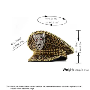 Size chart for leopard print captain hat with gold studs and rhinestone panther detail
