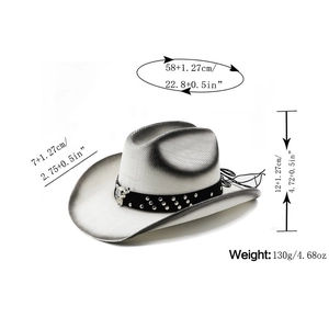Chapeau de cowboy en paille dégradé gris avec ornement tête de taureau argentée