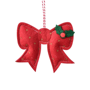 Red Christmas felt bow with golden dots and holly berry detail for tree decoration