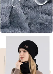Detailed macro view of gray plush lining for thermal winter beanie and neck warmer set
