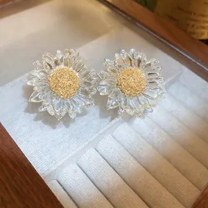 Sunflower Stud Earrings Transparent Acrylic Petals Golden Center With Silver Earring Post Sweet Style Jewelry For Women