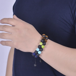 Double-layer 8mm natural lava stone and turquoise beaded bracelet on model's wrist