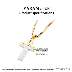 Detail of two-tone stainless steel cross pendant with engraved text 40x26mm