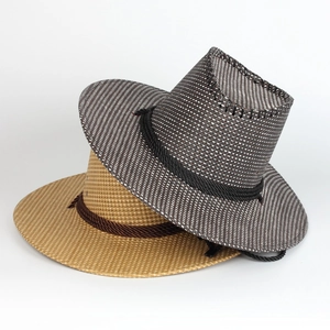 Close-up of woven straw cowboy hats with decorative rope bands for sun protection